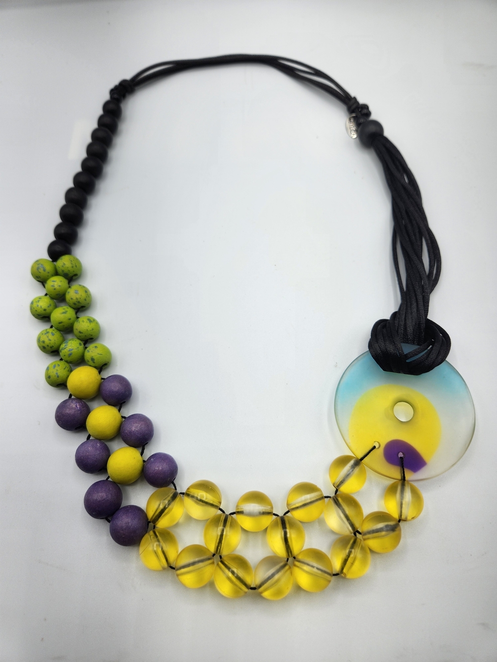 SYLCA Signed Multicolor Resin Beaded Necklace Black Cord Round Charm Pendant